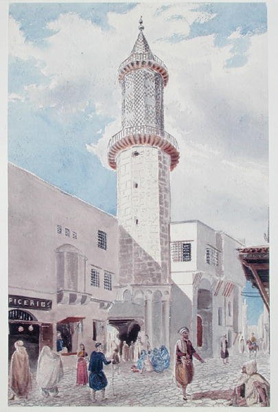 Moskéns minaret på Rue de Chartres och Rue Bab-Azoun, Alger (akvarell på papper) av Theodore Leblanc