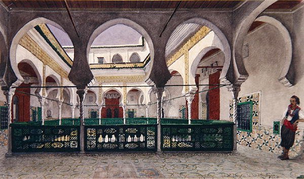 Vy över en innergård i ett hus i Alger, ca 1830 (akvarell på papper) av Theodore Leblanc