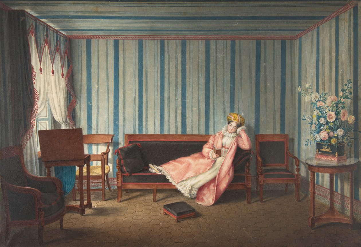 Kvinna i rosa liggande på en kanape, 1819. av Theodore Lebrun