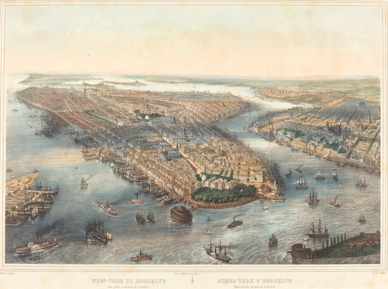 New York och Brooklyn - Vy tagen ovanför batteriet av Theodore Muller after William Simpson
