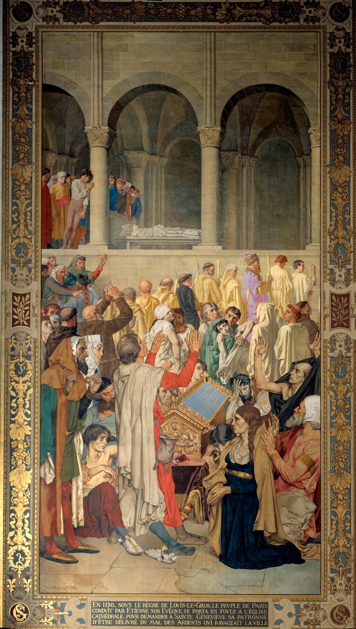 Kung Ludvig VI sa att Gros (1081-1137) och folket i Paris under ledning av eveque Etienne bad om skydd till Sainte Genevieve, stadens skyddshelgon mot ondskan från de glödande (eller ergotismen) 1130 Målning av Theodore Maillot ( 1826-1898) 1885 av Theodore Pierre Nicolas Maillot