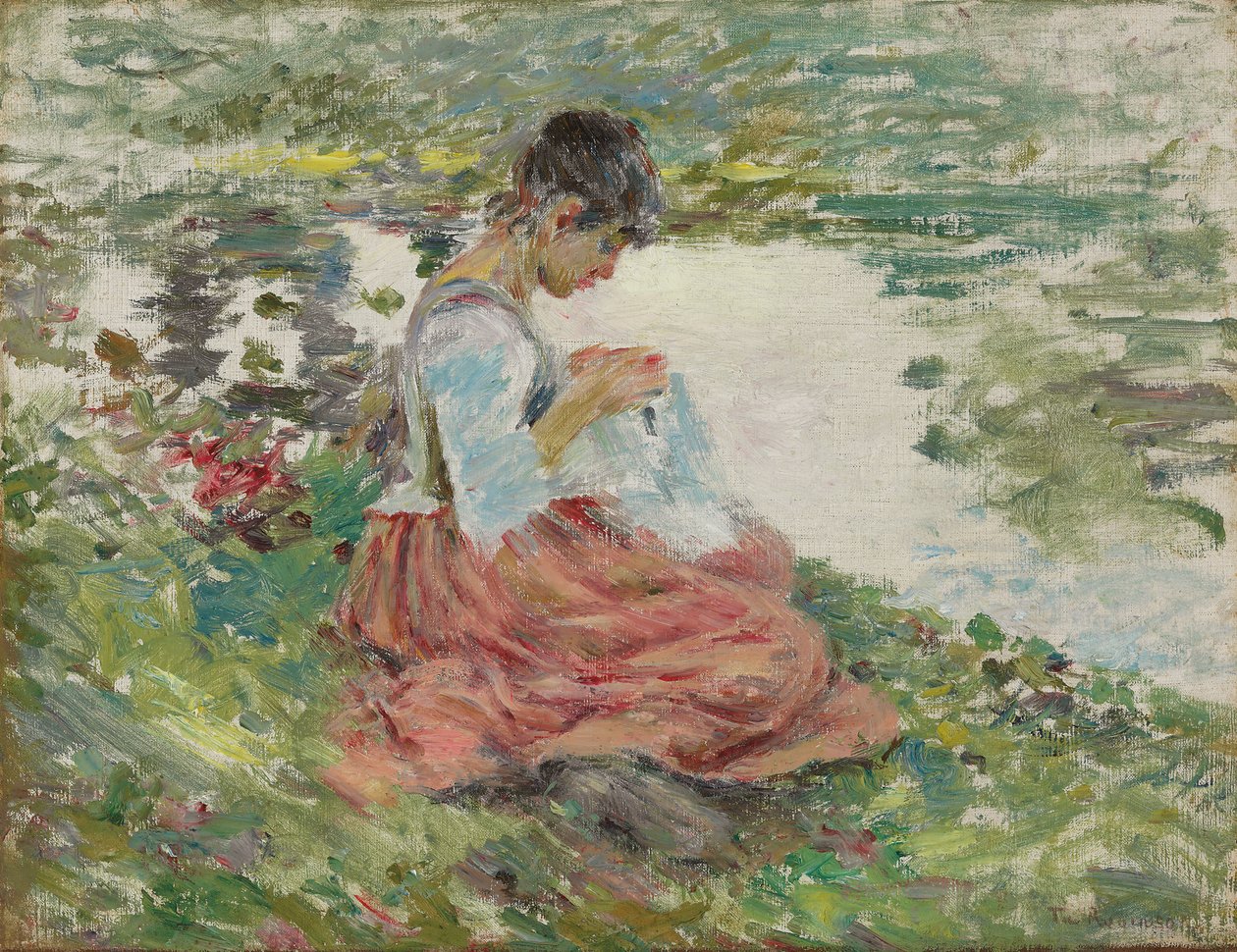Girl Sewing by River, c.1891 av Theodore Robinson