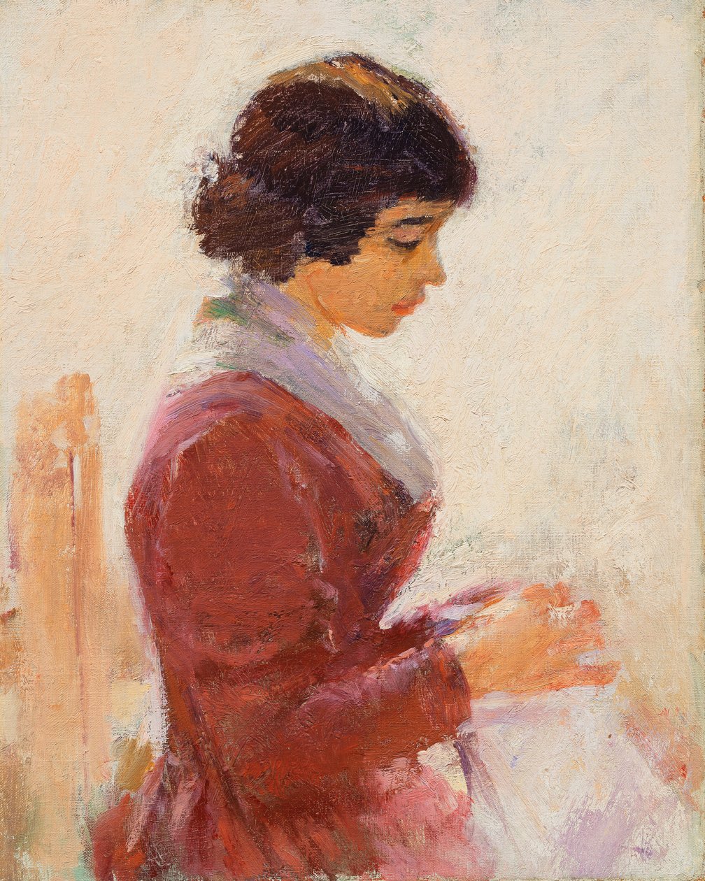 Flicka i rött, sömnad, av Theodore Robinson