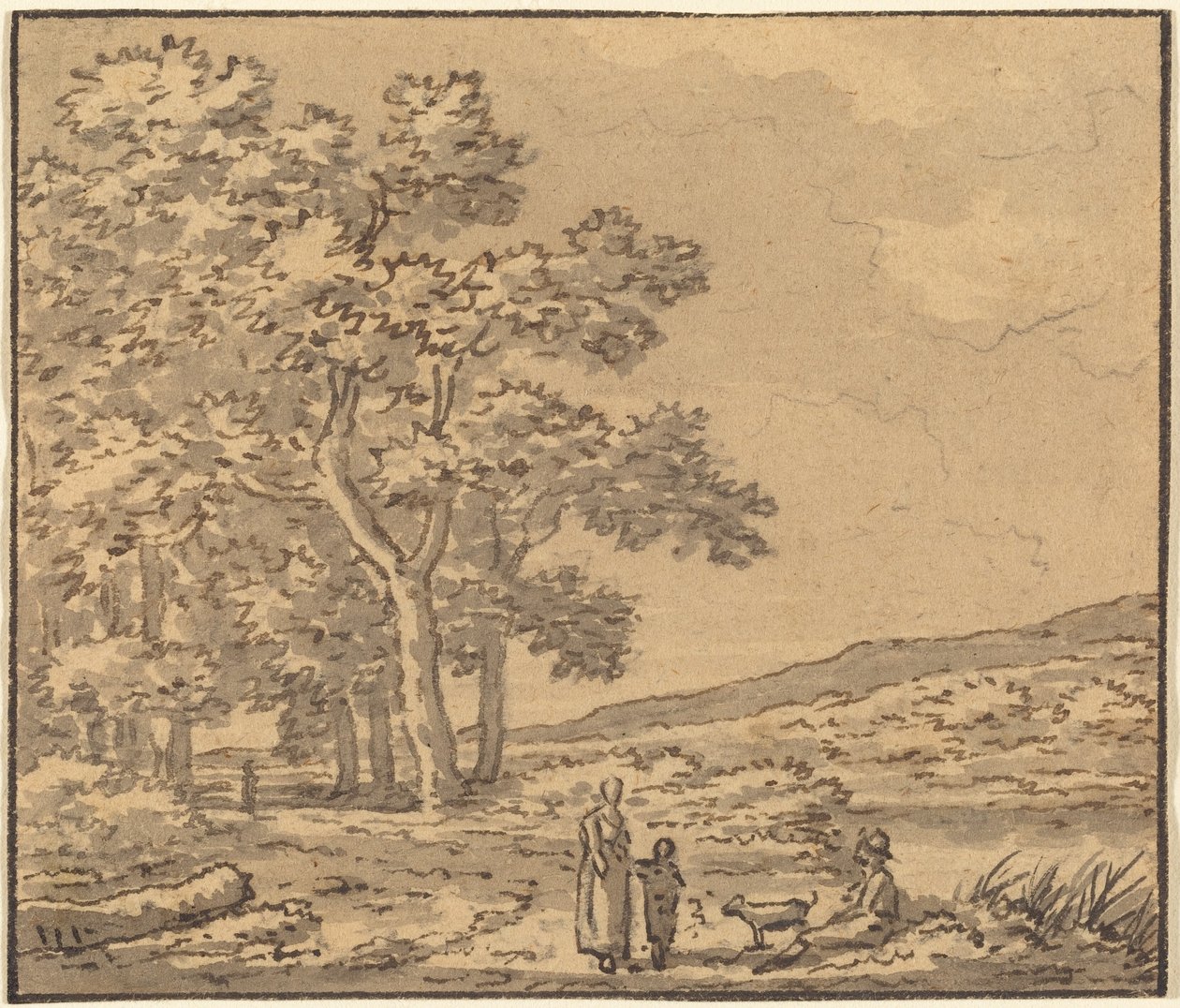 Ett landskap med tre figurer och en hund av Theodore Rousseau