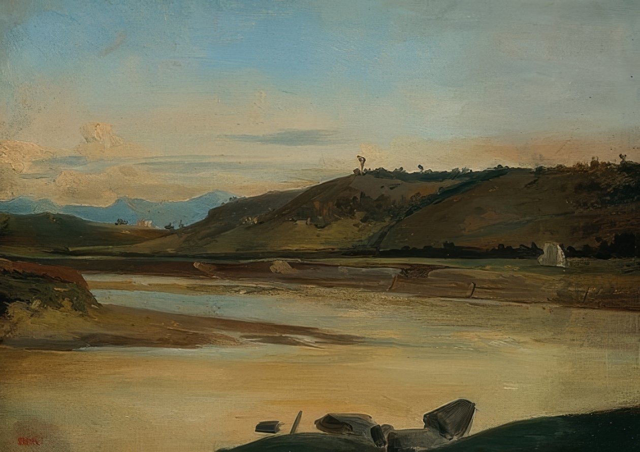 Landskap med flod. Omkring 1834/35 av Pierre Etienne Theodore Rousseau