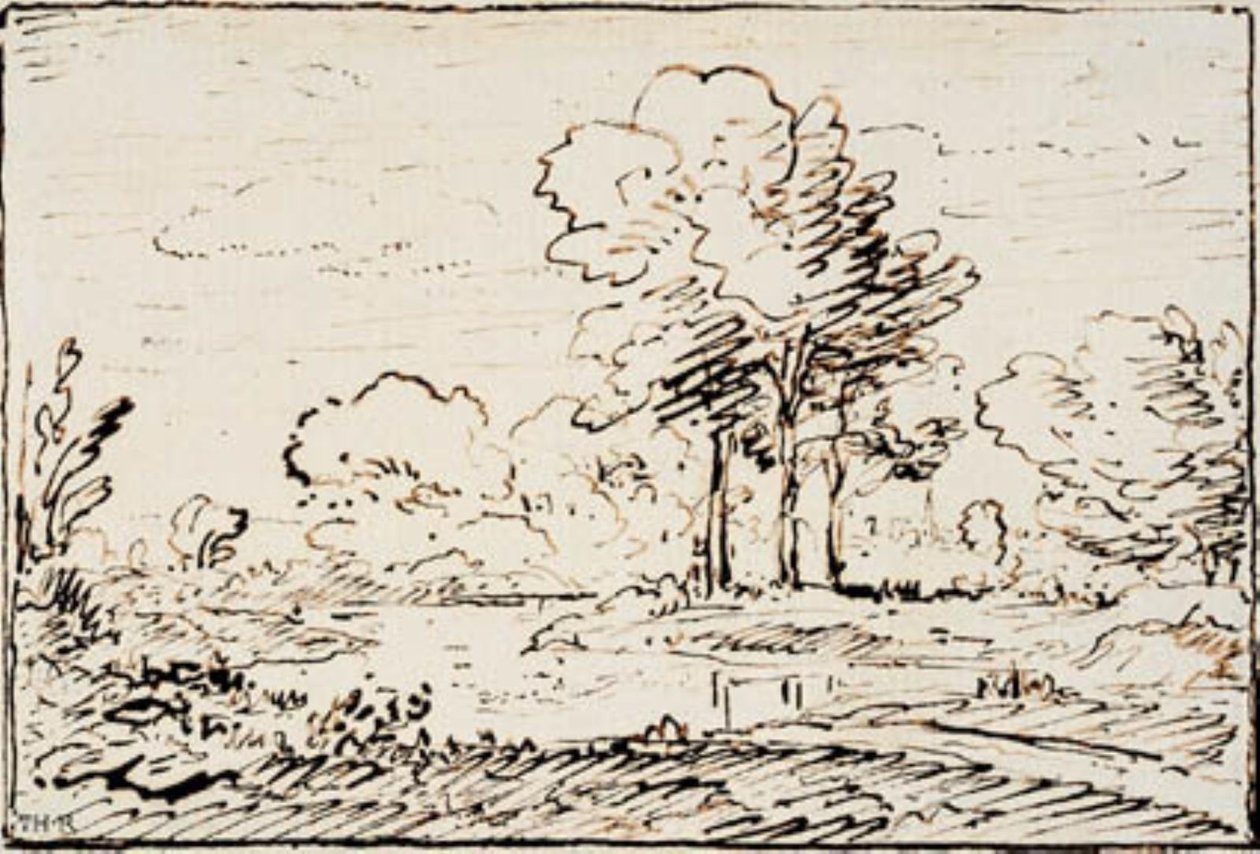 Landskap med tre höga träd vid en flodbank av Theodore Rousseau
