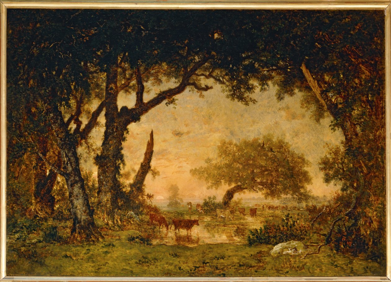 Utgång från skogen vid Fontainebleau, solnedgång... av Theodore Rousseau