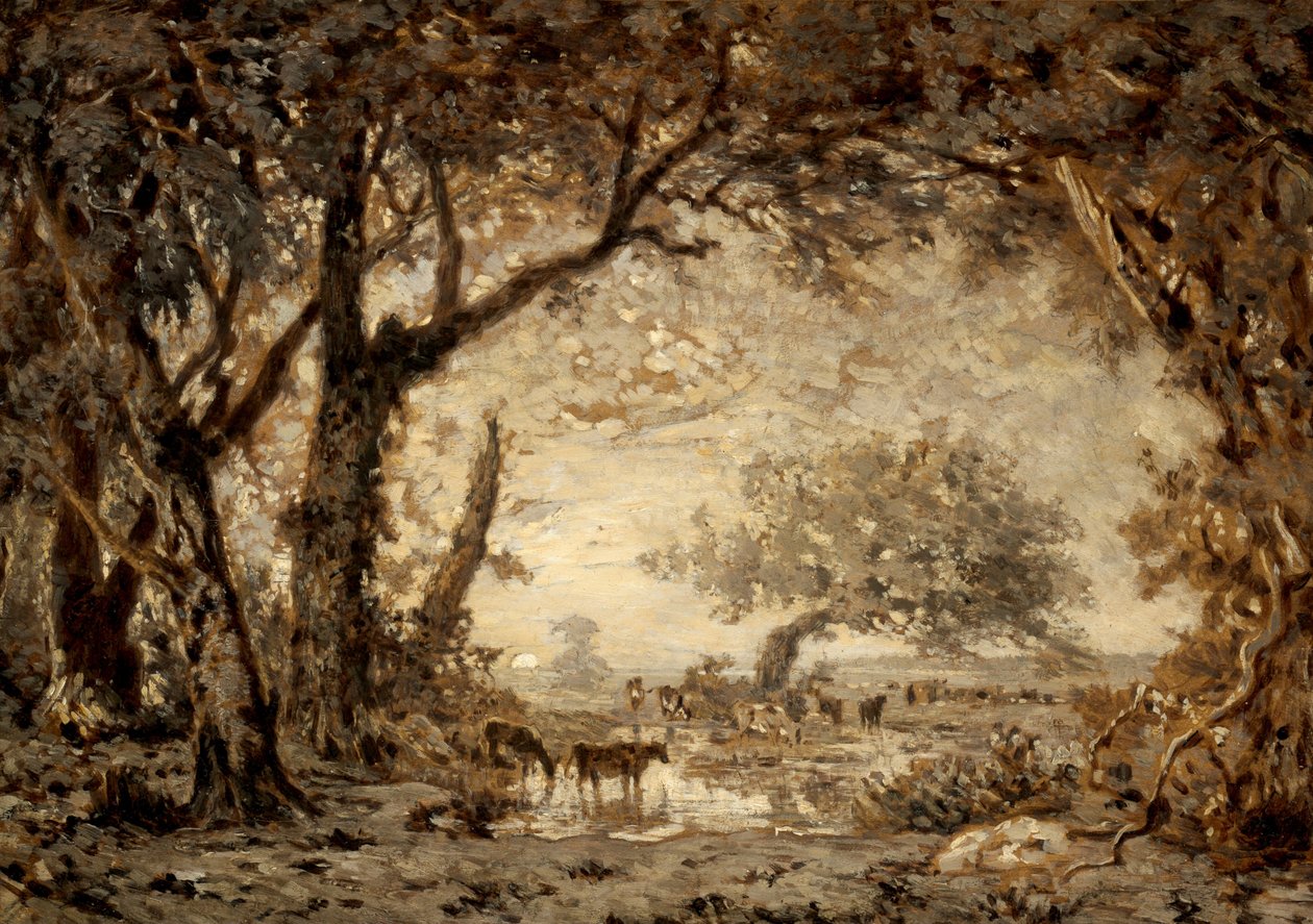 Solnedgång från skogen Fontainebleau av Theodore Rousseau