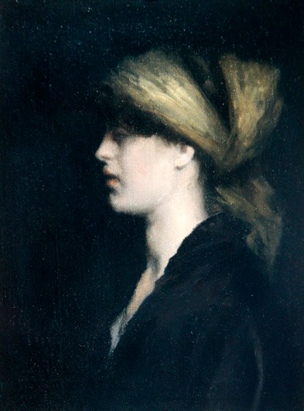 Chiaroscuro, a Profile, the Golden Scarf, c.1900 (olja på duk) av Theodore Roussel