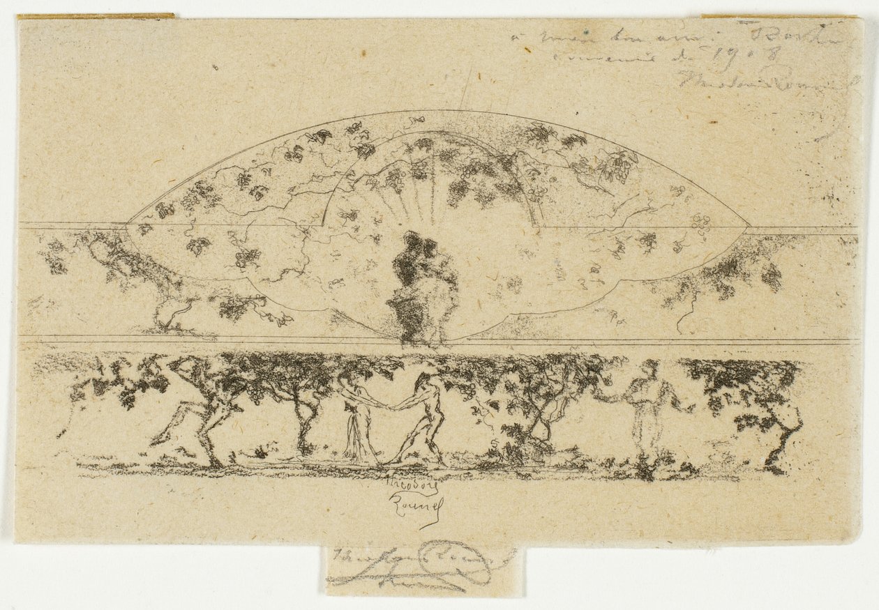 Jupiter och Alcmene och nymfer och satyrer på en frismedaljong, studie för dekoration av en ram av Theodore Roussel