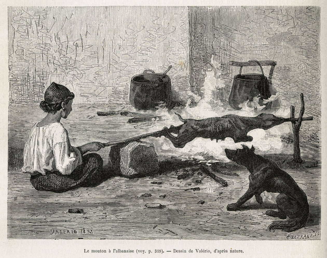 En ung montenegrin som steker ett får med albanen, sitter framför brasan och vrider hela tiden på tränålen. Gravyr efter Valerios teckning, för att illustrera resan till Dalmatien, av Charles Yriarte, 1874, publicerad i "" Le tour du mon av Theodore Valerio