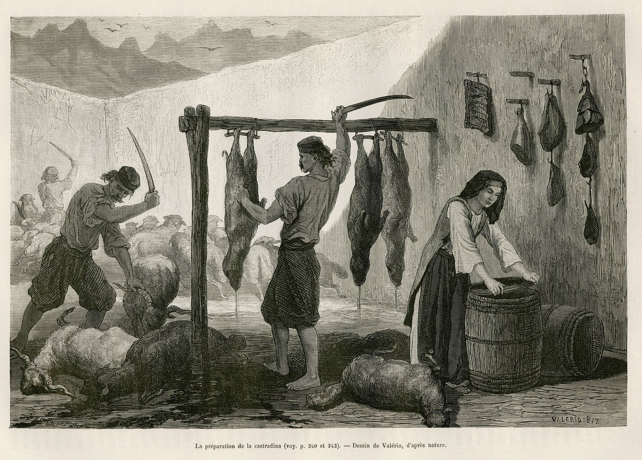 Beredningen av castradina, specialitet av kött av får och get saltat och bucanee, mot slutet av oktober, i Dalmatien (Istrien och Hercegovina (Kroatien)), teckning av Valerio, för att illustrera resan till Montenegro, 1874, av Charles Yriarte av Theodore Valerio