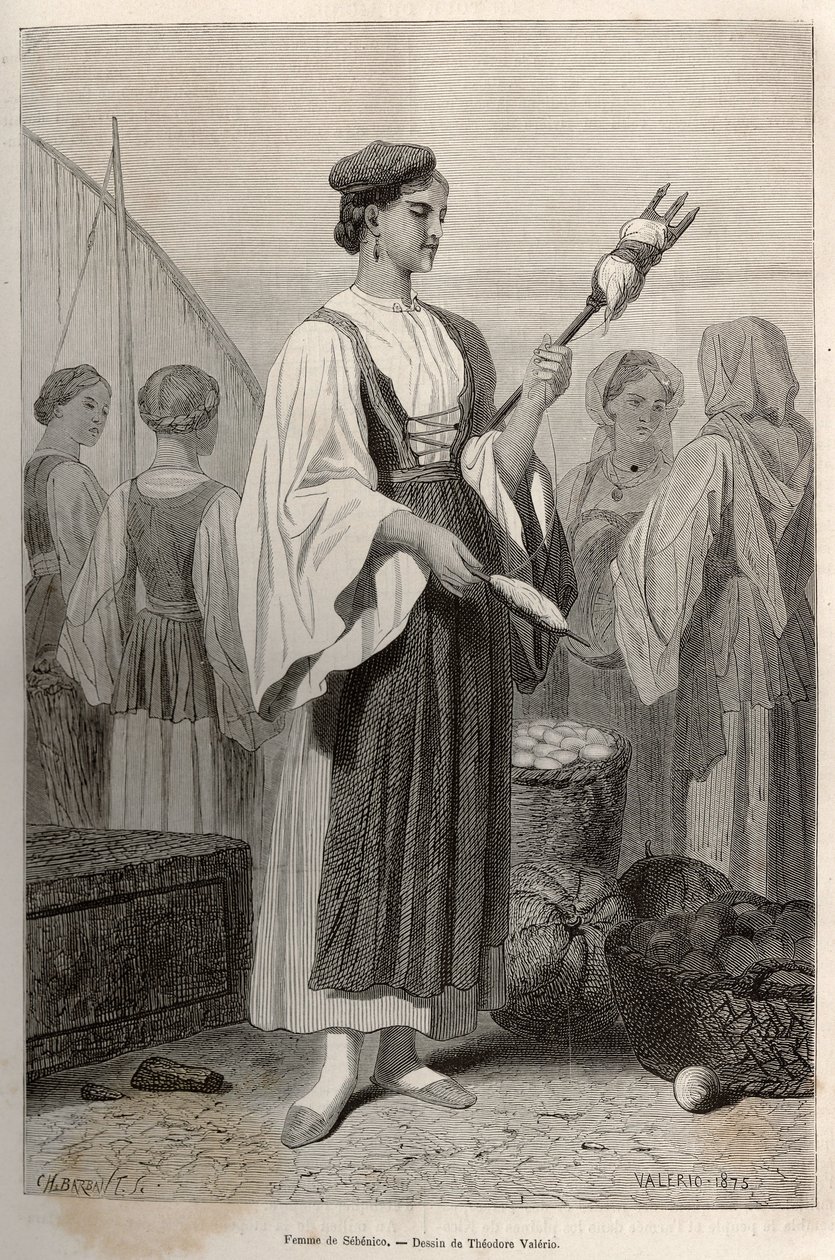 Kvinna från Sebenico (Serbien), som använder spindlar för att spinna ull, på torget. Gravyr efter ritningen av Theodore Valerio, för att illustrera en berättelse om Dalmatien, av Charles Yriarte, 1874, publicerad i "" Le tour du monde""" 1876, redigerad av av Theodore Valerio