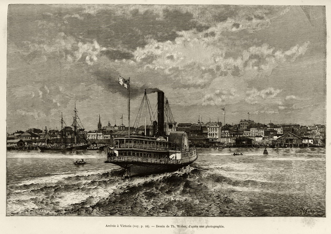 Ankomst till Victoria, Kanada. Gravyr av Th.Weber, för att illustrera berättelsen ""Transcanadien och Alaska"" av E.Cotteau, 1890, i Le tour du monde, nouveau journal des voyages, redigerad av Edouard Charton (1807-1890), 2:a terminen 1891 , upplaga Hachet av Theodore Weber