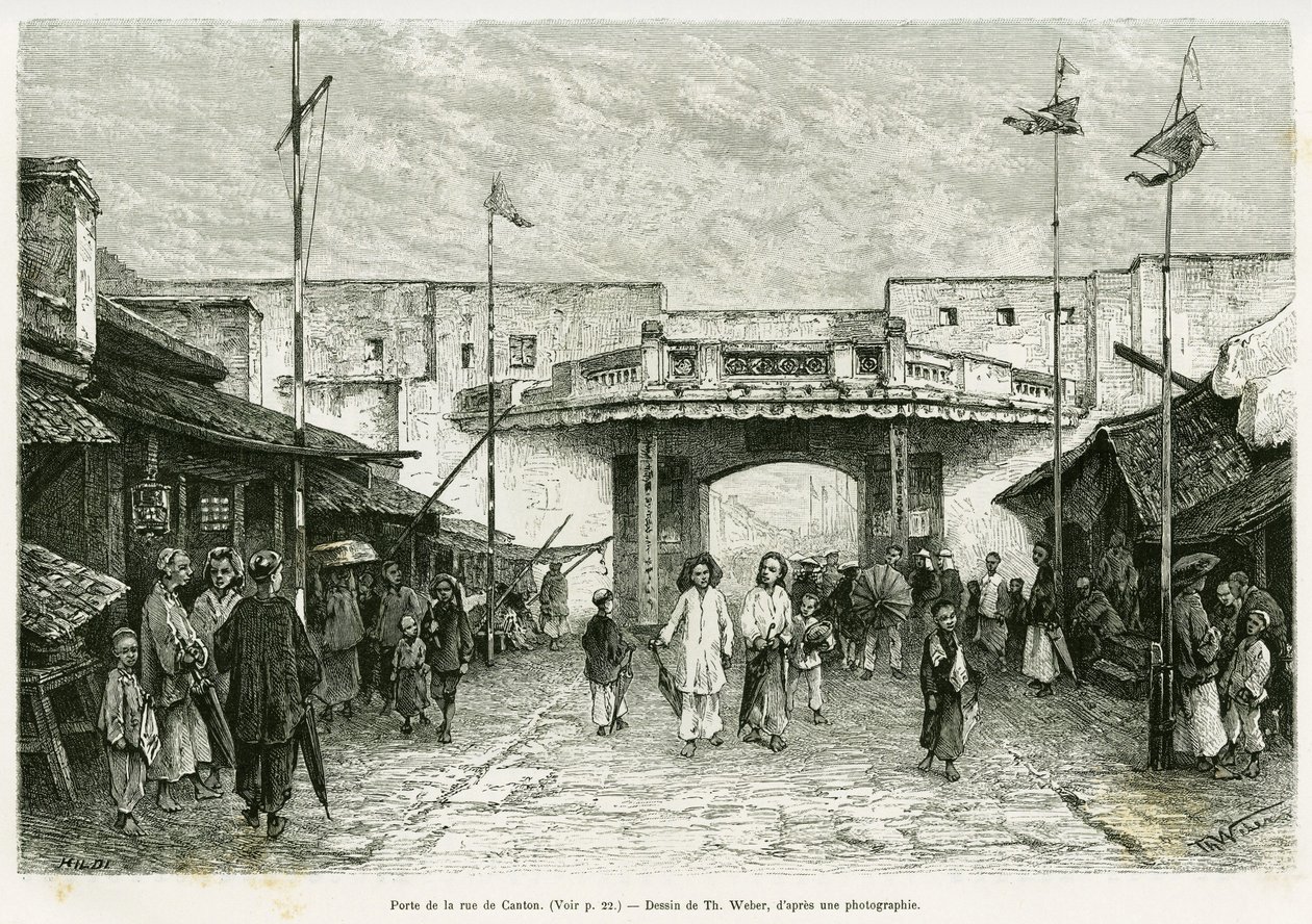 Canton Street Gate i Hanoi. Gravyr av Th. Weber, från ett fotografi, för att illustrera historien Trente mois au Tonkin 1884, av doktor Hocquard, i tour du monde 1889, under ledning av Edouard Charton (1807-1890), Hachette, Paris. av Theodore Weber