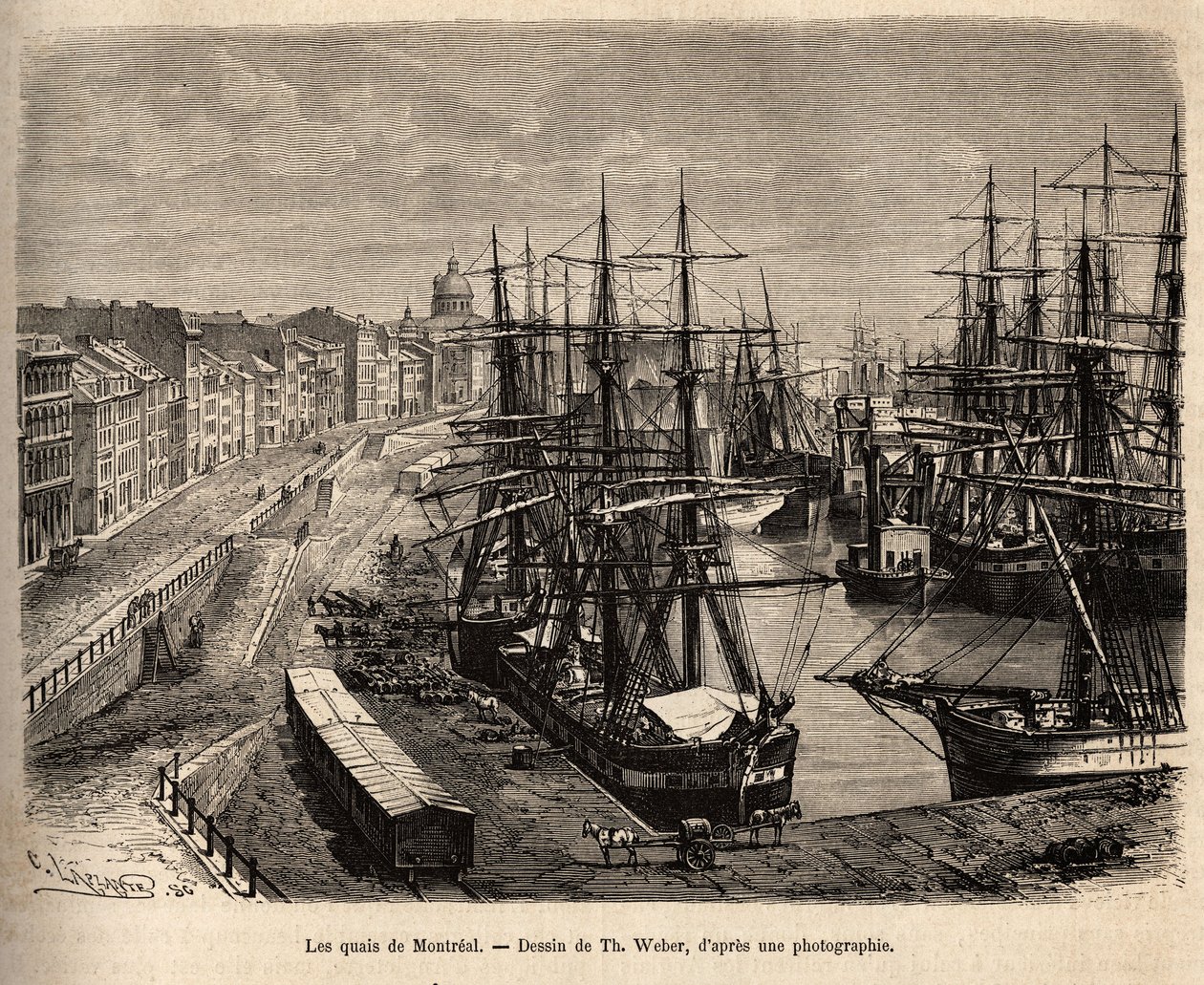 Les quais de Montreal, gravyr efter teckning av Th. Weber, som illustrerar utflykten till Kanada och Riviere Rouge du nord, av H. De Lamotte, 1873, publicerad i "" Le tour du monde""" 1875, redigerad av Edouard Charton, Hachette-upplagan, Paris. Selv av Theodore Weber