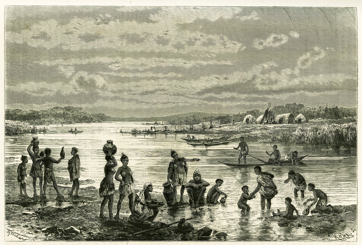 Livet på stranden av floden Zambeze, marutserna är mycket bekymrade över sin renhet och tvätt för dem är en aktivitet av första nödvändighet. Gravyr av Th. Weber, för att illustrera berättelsen "Au pays des Marutses", 1875-1879, av Dr. Emile Holu av Theodore Weber