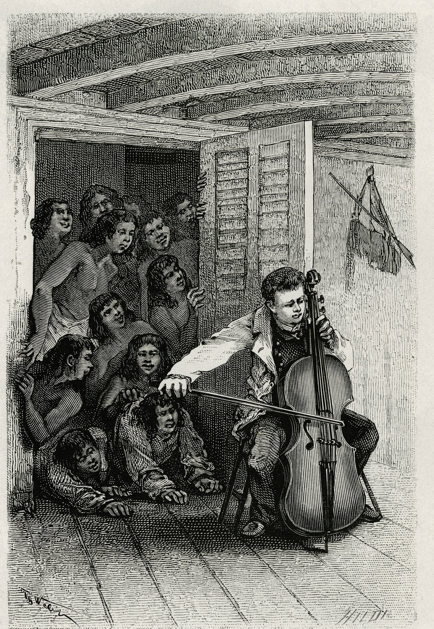Porträtt av resenärens författare, spelar cello och lockar en publik av nyfikna. Gravyr av Th.Weber, för att illustrera berättelsen "" Les Iles Wallis"", av Dr. Emile Deschamps, läkare major vid 80:e infanteriet. Publicerad i Le Tour du monde, nou av Theodore Weber