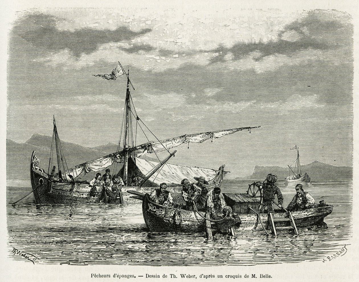 Svampfiskare i Nafpliobukten, teckning av The. Weber, för att illustrera historien om en resa till Grekland 1861, 1868 och 1874, av Henri Belle. Gravyr i Le tour du monde av Theodore Weber
