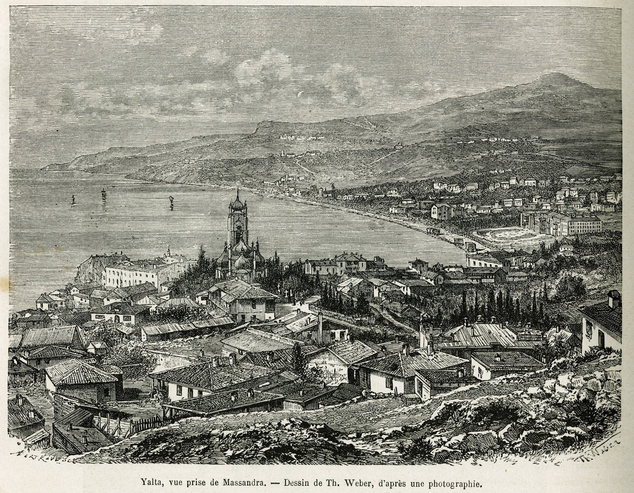 Staden Jalta, hämtad från Massandra, teckning av Th.Weber, för att illustrera berättelsen Fyra månader i Ryssland, 1876, av F. De Mely. Gravyr i Le tour du monde av Theodore Weber