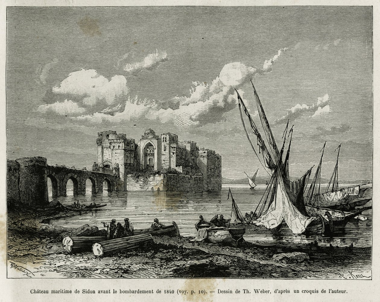 Sjöborgen Sidon före bombardementet 1840. Gravyr av Th. Weber, för att illustrera berättelsen La Syria d