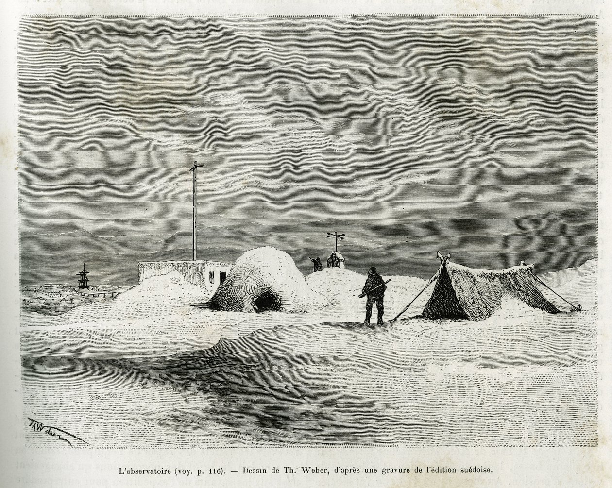 Det meteorologiska observatoriet installerades i bukten Koljutschin (polcirkeln), medan fartyget La Vega fångades i isen och besättningen förberedde sig för övervintring. Gravyr av Th.Weber, för att illustrera berättelsen "" resan av Vega runt Asien a av Theodore Weber