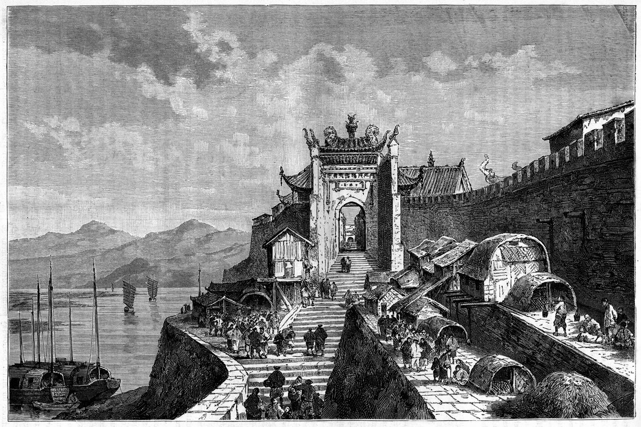 Utsikt över Shanghai-porten vid Huangpu-floden, Kina under åren 1870-1880. Gravyr efter en teckning av Weber, i "Le Tour du Monde, Nouveau journal des Voyages", redigerad av Edouard Charton, Paris av Theodore Weber
