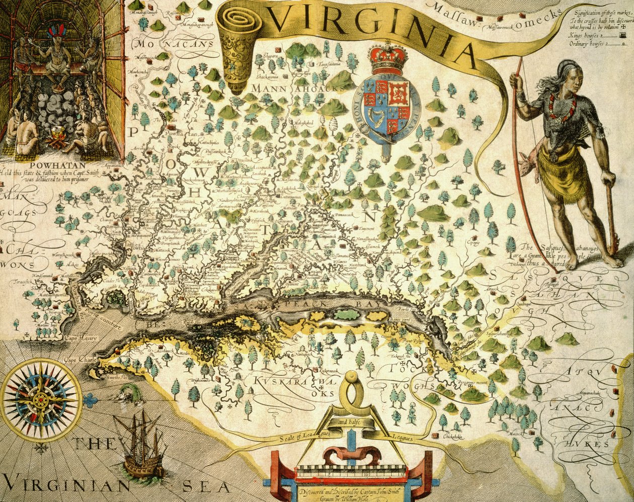 Sloane MS 1622 Karta över Virginia, som i övre vänstra handen visar en bild av Chief Powhatan av John Smith (1580-1631) 1624 (handfärgad gravyr) av Theodore de (after) Bry