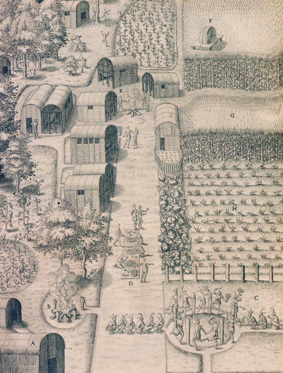 En infödd indisk by omgiven av odlad mark i Virginia av Theodore de Bry