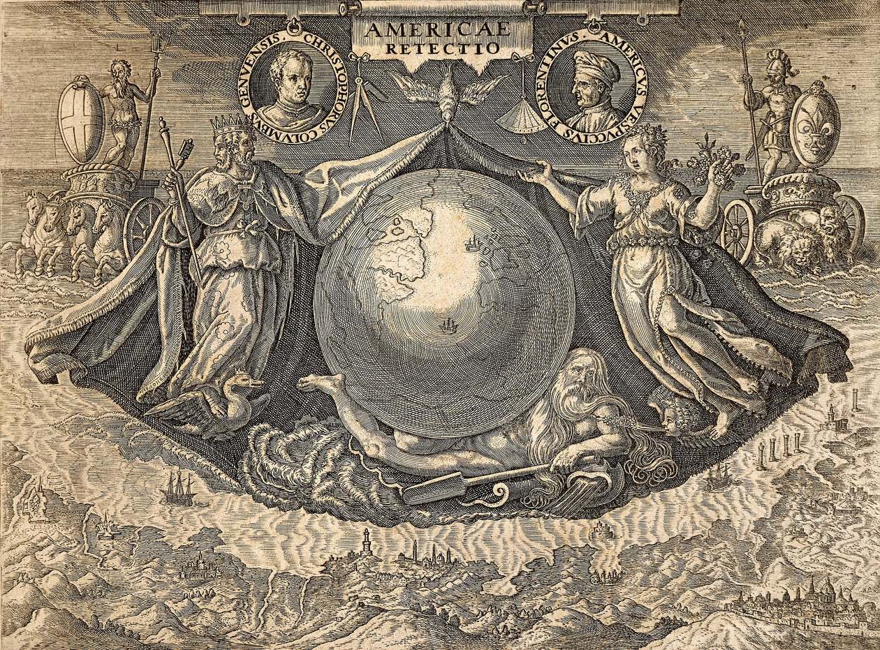 Allegori över Västindien eller Amerika, med porträtt av navigatörerna Christopher Columbus och Amerigo Vespucci av Theodore de Bry