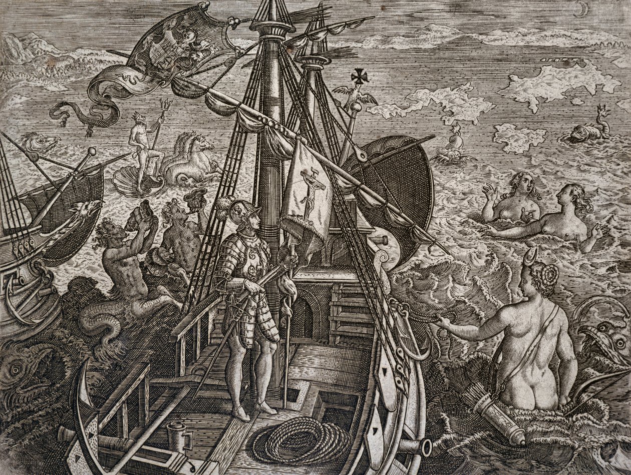 Allegori om Christopher Columbus resa till upptäckten av den nya världen, gravyr av Theodor de Bry (1528-1598) av Theodore de Bry