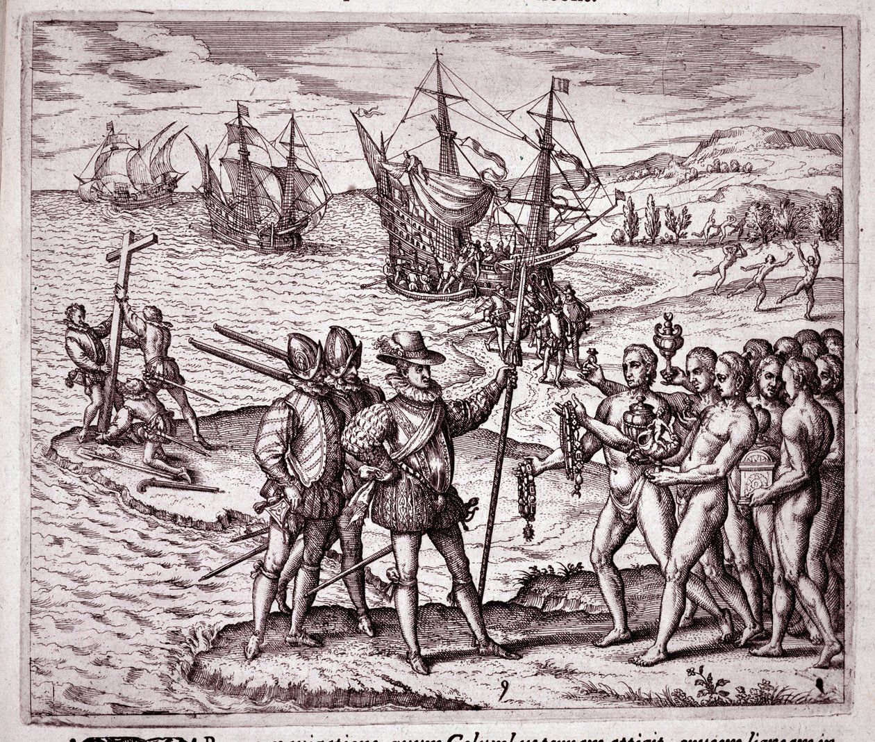 Ankomst av Christopher Columbus på ön Hispaniola i Västindien (gravyr av Theodore de Bry