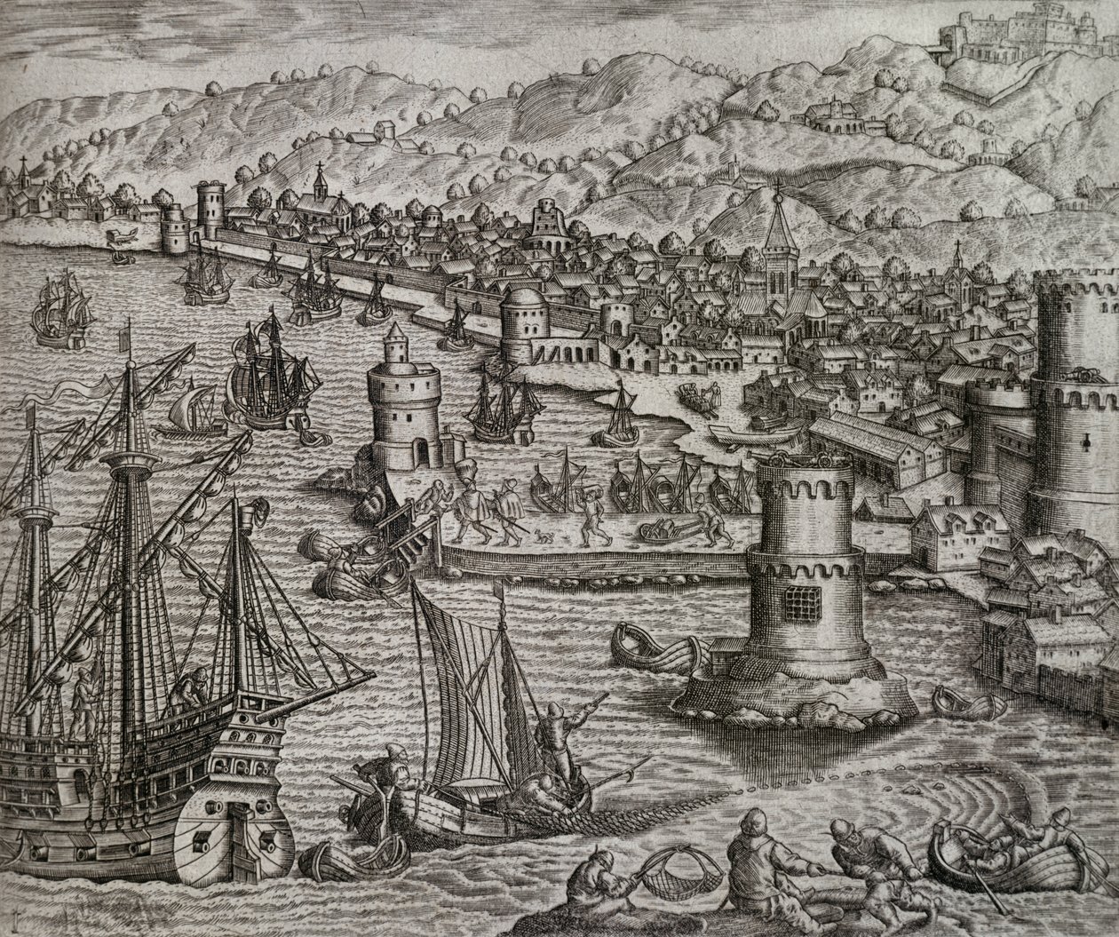 Ankomst av Girolamo Benzoni i hamnen i Las Palmas under hans resa till Amerika (1541), Kanarieöarna, gravyr av Theodor de Bry (1528-1598) av Theodore de Bry