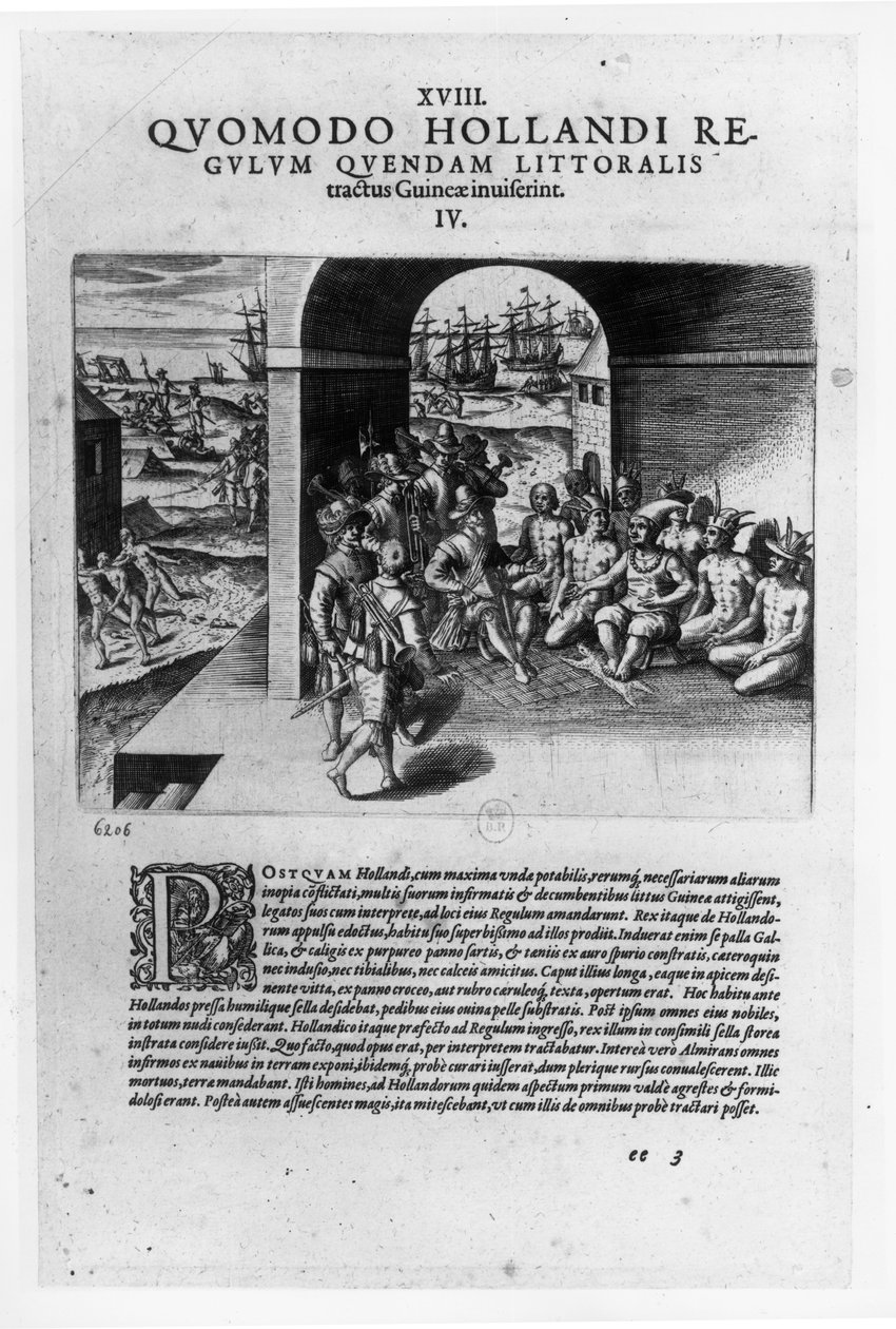 De holländska ledarnas ankomst till Guinea: Förhandlingen om inköp av slavar avsedda att säljas tillbaka till de spanska erövrarna, från "Petits Voyages", 1585-88 av Theodore de Bry