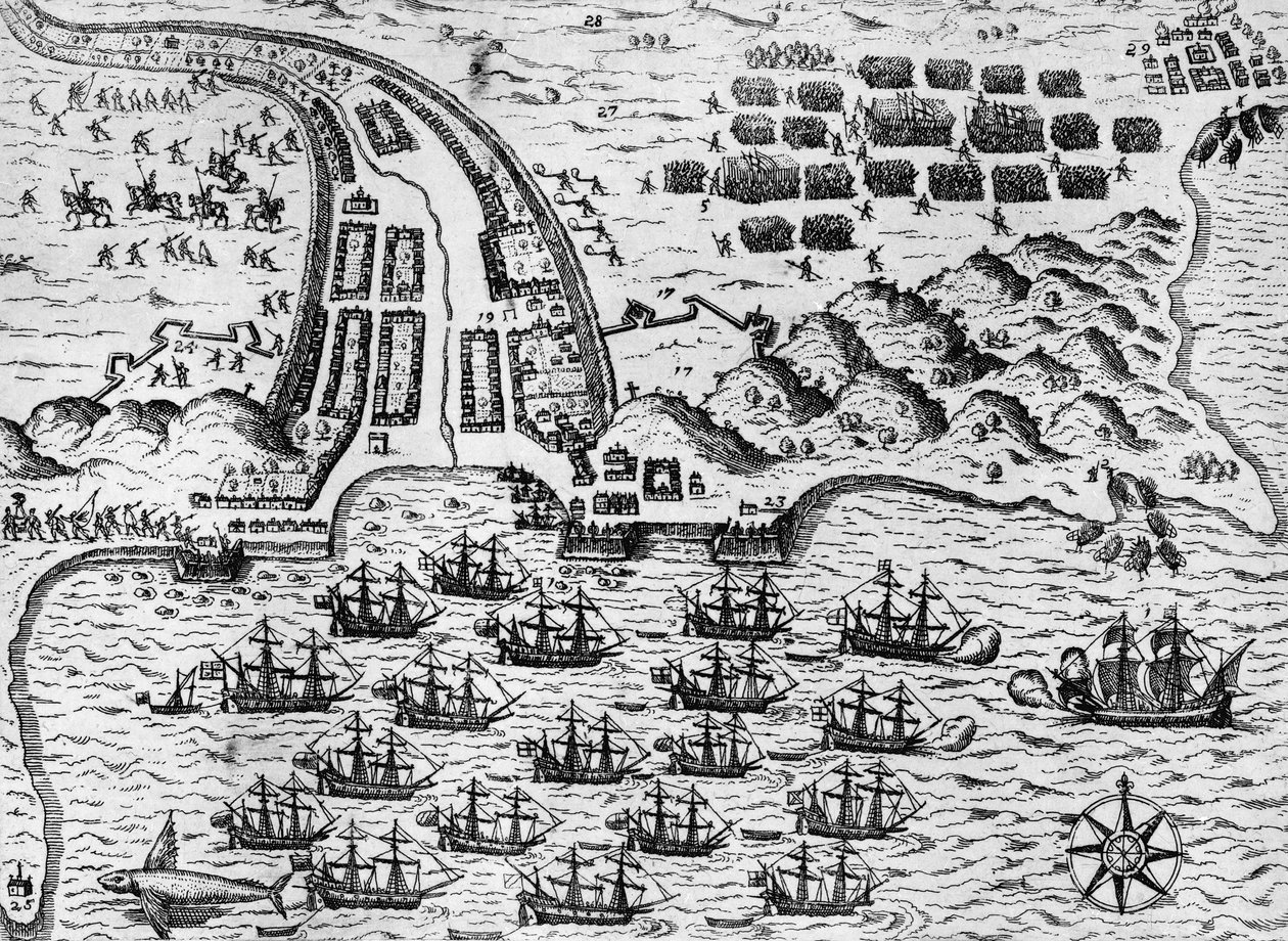 Attack mot Santiago den 27 november 1585 (gravyr) av Theodore de Bry