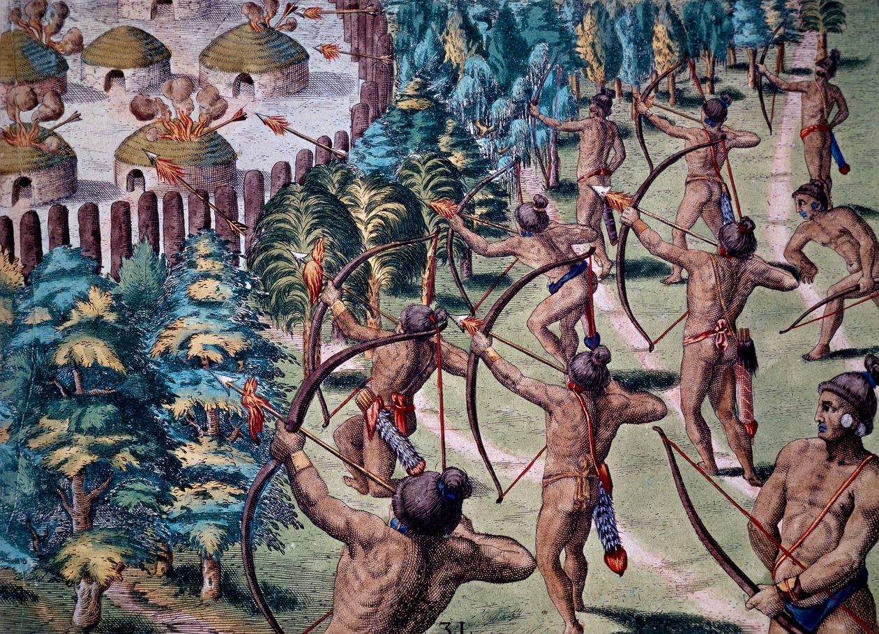 Attackera byn med flammande pilar, gravyr från Narration In Florida av Theodore de Bry