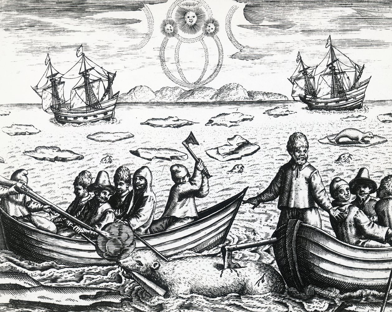 Aurora borealis och vitbjörnsjakt under tredje expedition ledd av William Barents (ca 1550-1597) på jakt efter nordostpassagen 1596, av Theodor de Bry (1528-1598), gravyr av Theodore de Bry