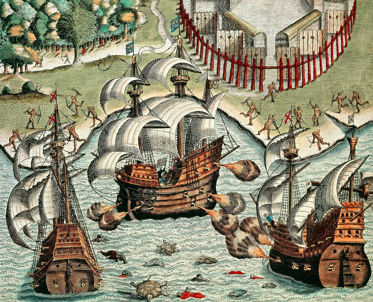 Strid mellan fransmän och portugisiska utanför Buttugar av Theodore de Bry