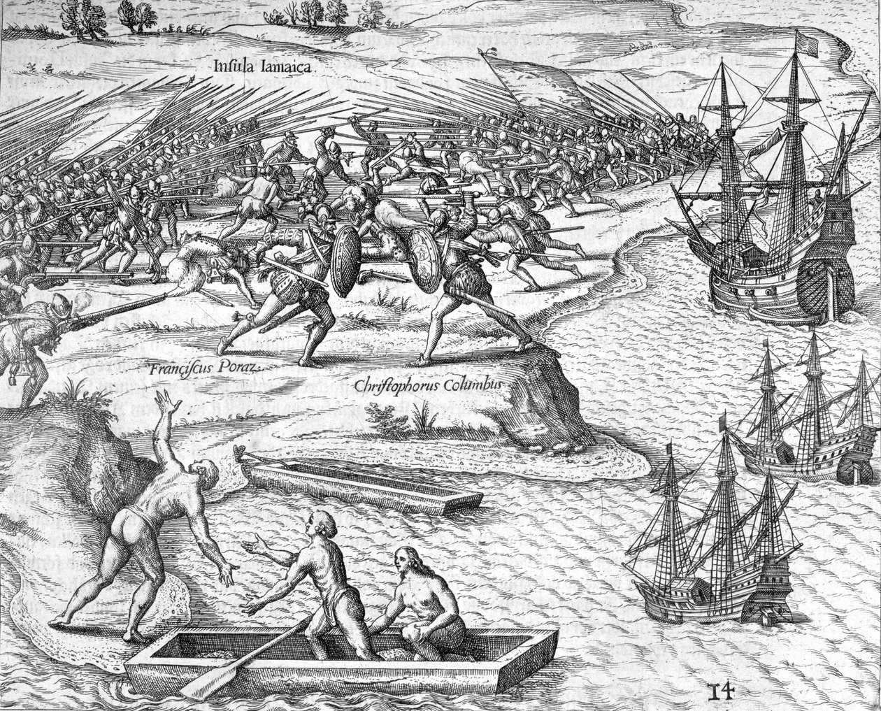 Slaget på Jamaica mellan Christopher Columbus och Francisco Poraz, 1504 1631 av Theodore de Bry