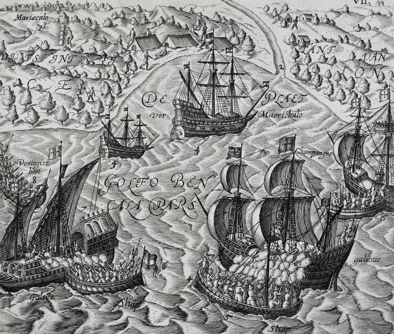 Strid framför staden Matical i Bengaliska viken, gravyr från Indiae Orientalis, av Theodor de Bry (1528-1598) av Theodore de Bry