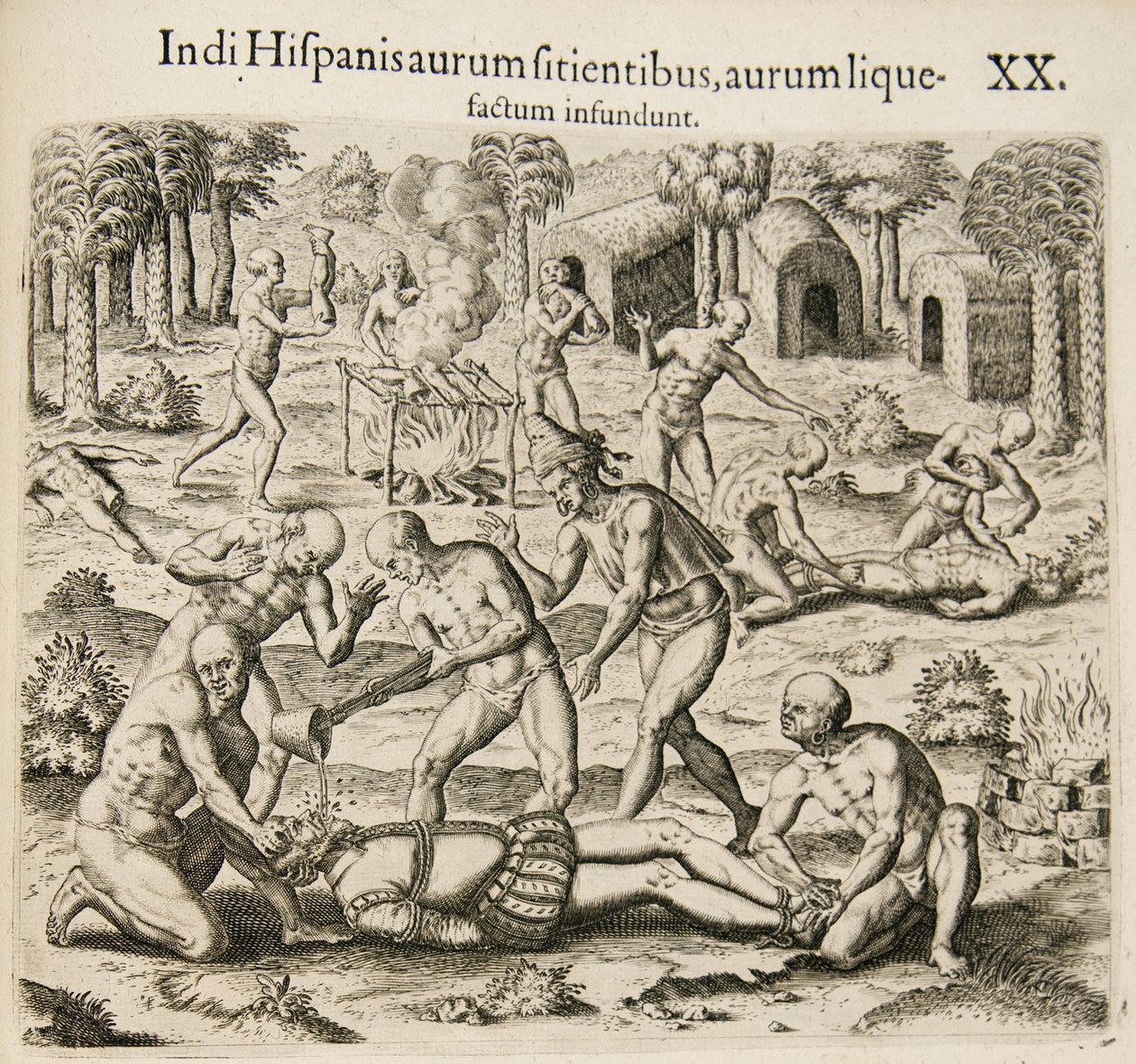 Eftersom spanjorerna törstar efter guld, häller indianerna flytande guld i dem. Från: Americae pars qv av Theodore de Bry
