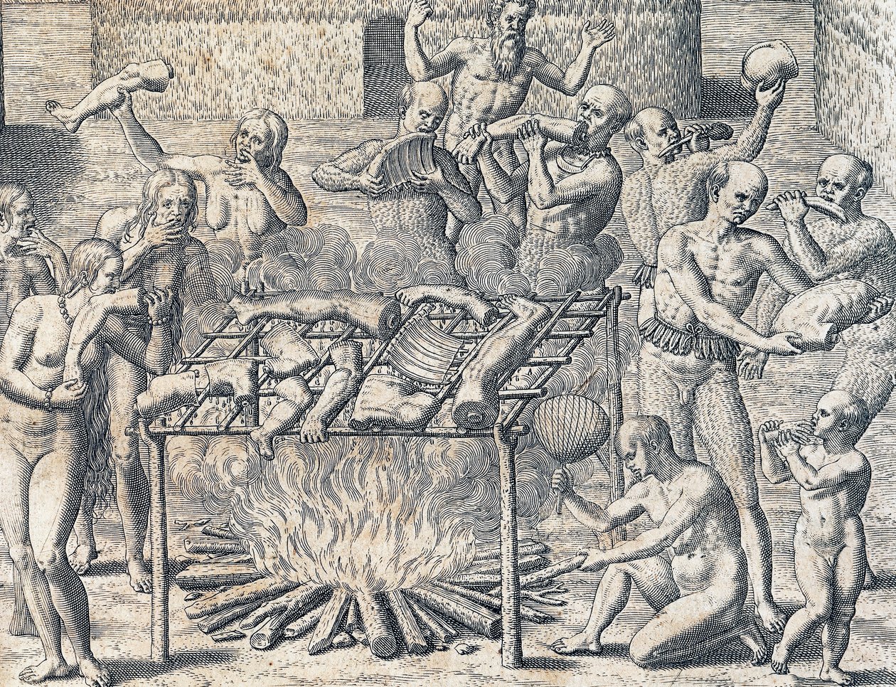 Kannibalism av stammar i det inre av Brasilien, gravyr från amerikansk historia av Theodore de Bry (1528-1598), Frankfurt, Sydamerika av Theodore de Bry