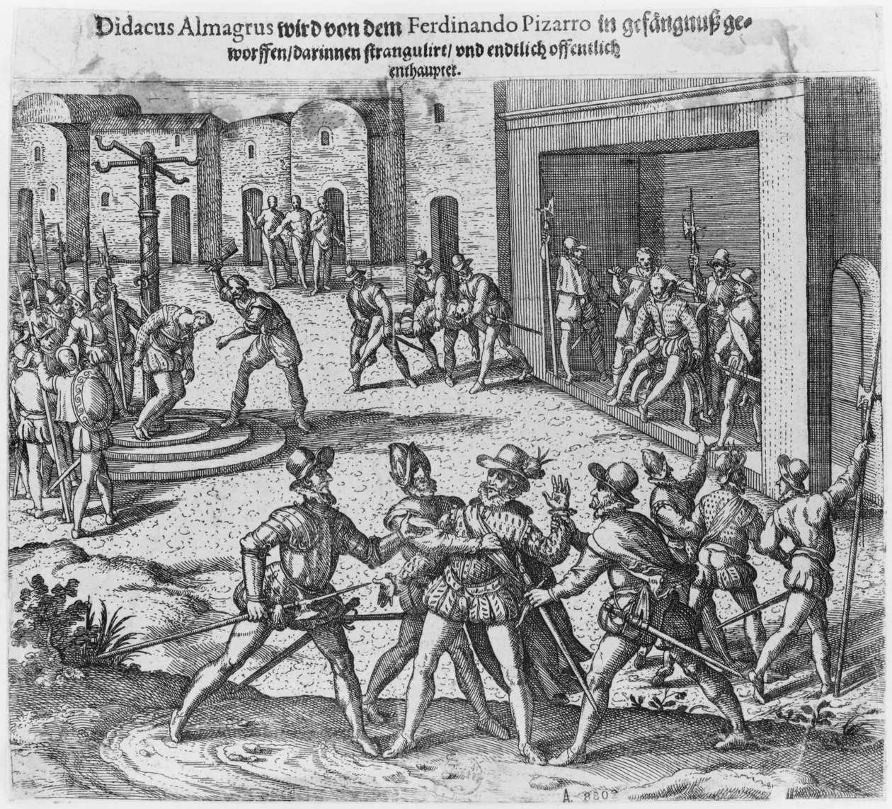 Tillfångatagande, rättegång och avrättning av Diego de Almagro på order av Francisco Pizarro av Theodore de Bry
