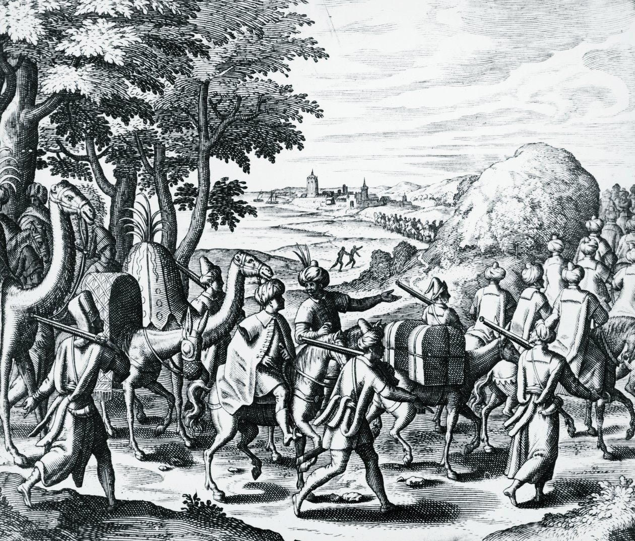 Karavan av arabiska köpmän som reser från Aleppo till Basra, gravyr från Grands and Petits Voyages, av Theodor de Bry (1528-1598), Mellanöstern av Theodore de Bry