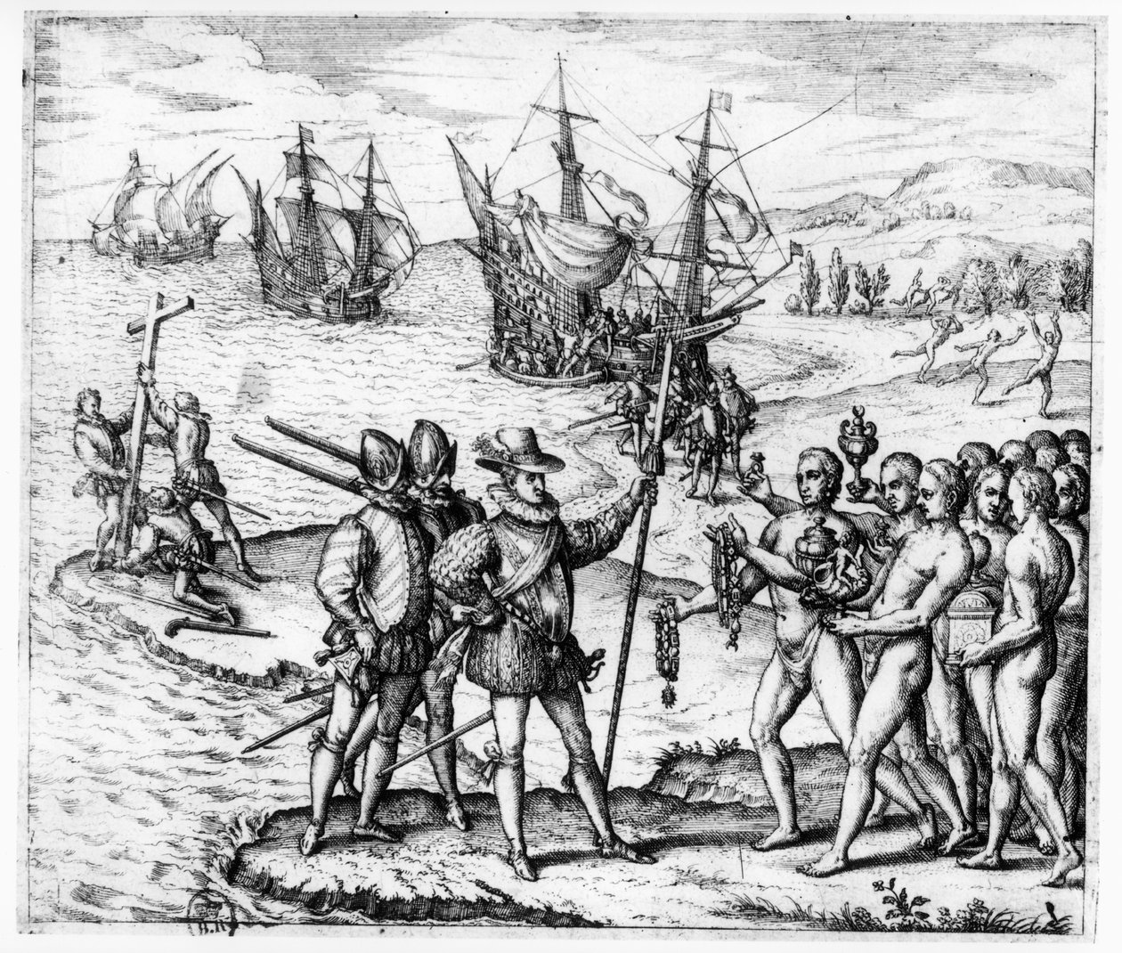 Christopher Columbus (1451-1506) tar emot gåvor från cacique, Guacanagari, i Hispaniola (Haiti) från 