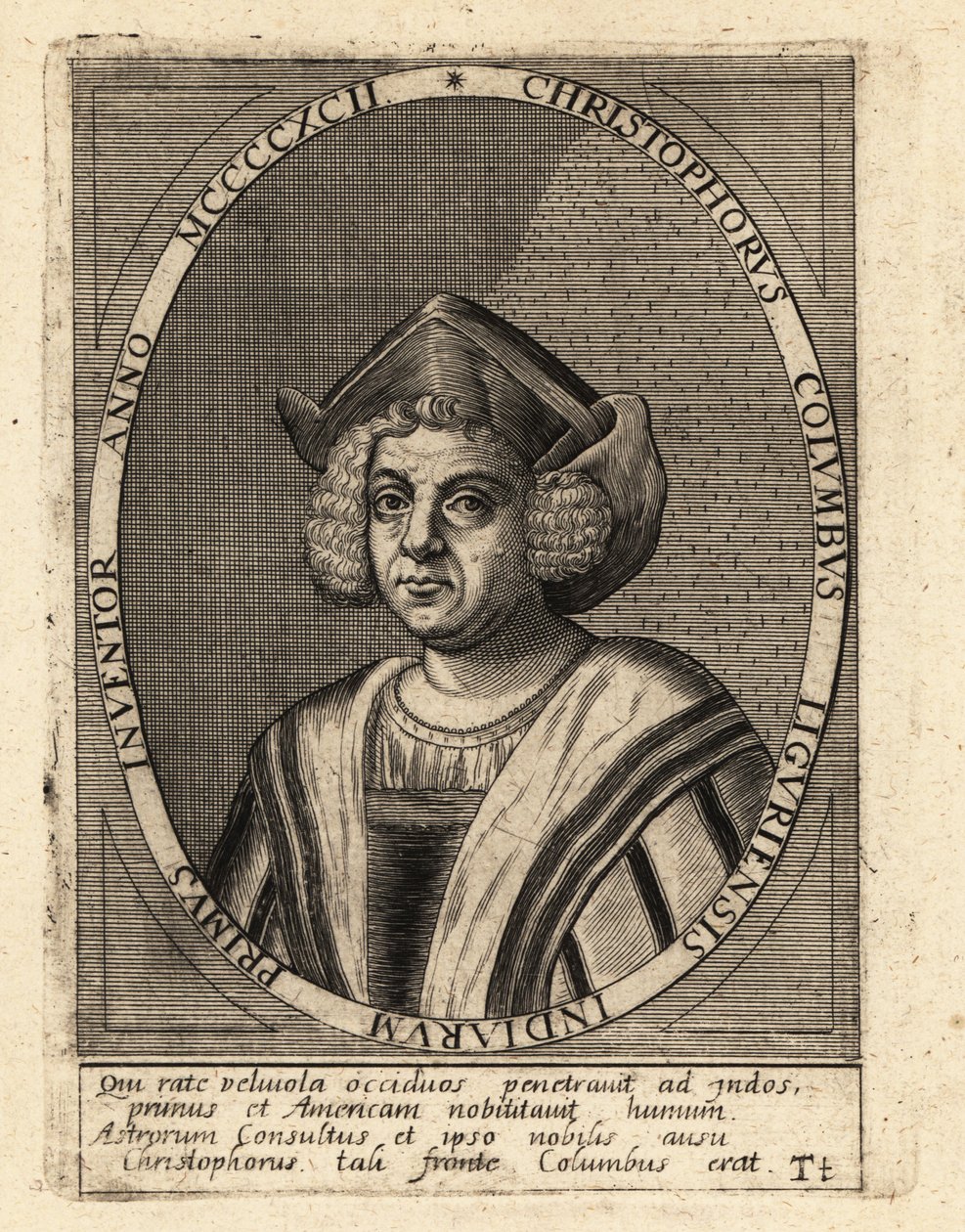 Christopher Columbus, italiensk upptäcktsresande och kolonisatör av Theodore de Bry