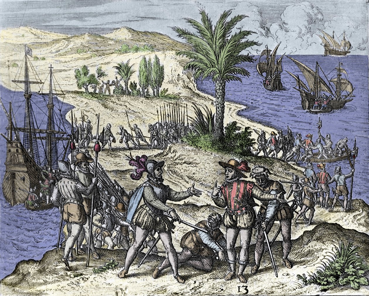 Christopher Columbus och hans bror arresterades av Francisco de Bobadilla år 1500. Gravyr av Théodore de Bry (1528-1598). av Theodore de Bry