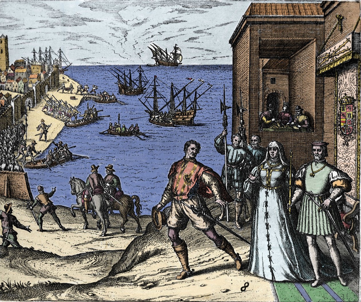 Christopher Columbus och bröderna Pinzon lämnar hamnen i Palos i Spanien den 03/08/1492 för den nya världen. Höger Kungen och drottningen av Portugal katolska Ferdinand II av Aragon och Isabella Iere av Kastilien. Gravyr av Theodore de Bry i "" Admirante av Theodore de Bry