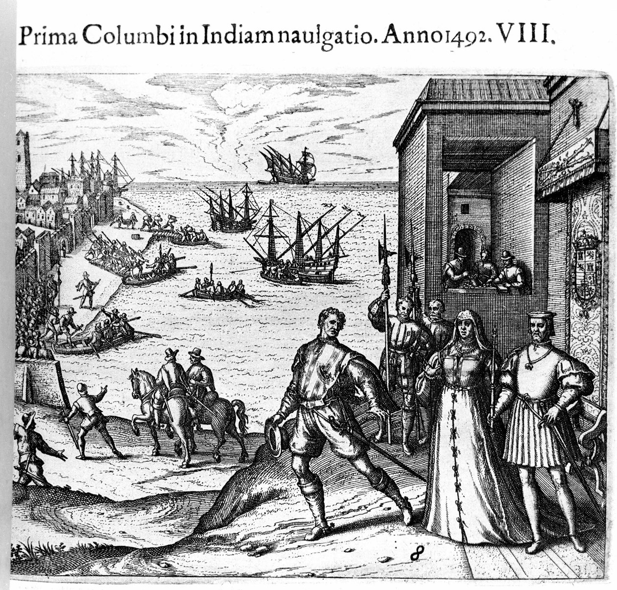 Christopher Columbus och bröderna Pinzon lämnar hamnen i Palos i Spanien den 03/08/1492 för den nya världen. Höger Kungen och drottningen av Portugal katolska Ferdinand II av Aragon och Isabella Iere av Kastilien. Gravyr av Theodore de Bry i "" Admirante av Theodore de Bry
