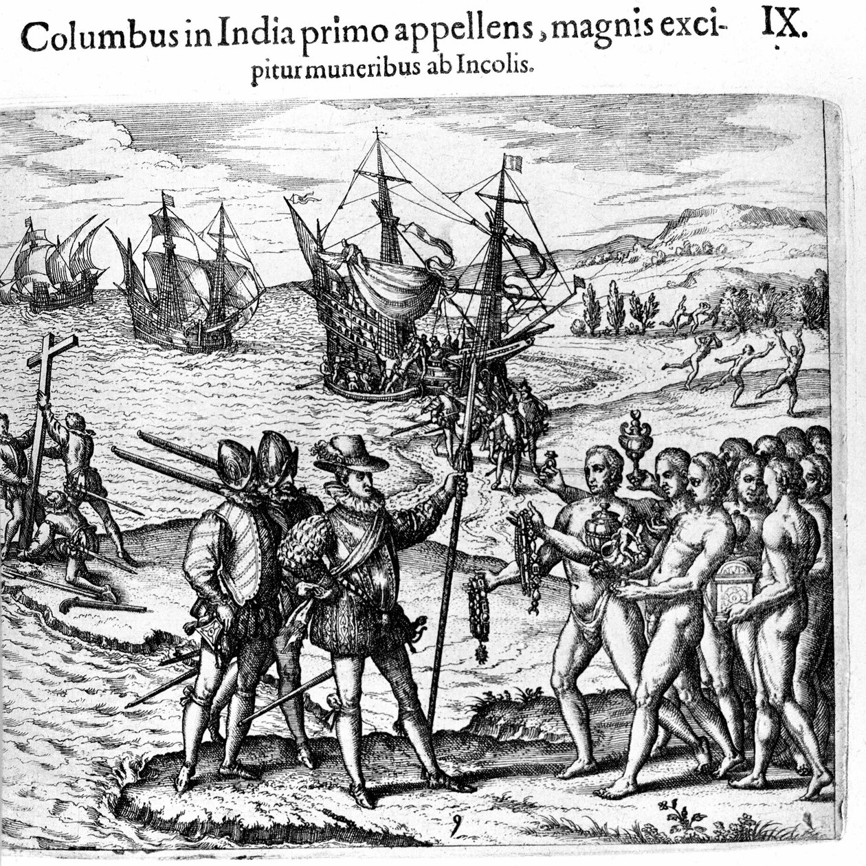 Christopher Columbus anländer till Västindien. Gravyr av Theodore de Bry i ""Amazing Story - America"" av Theodore de Bry